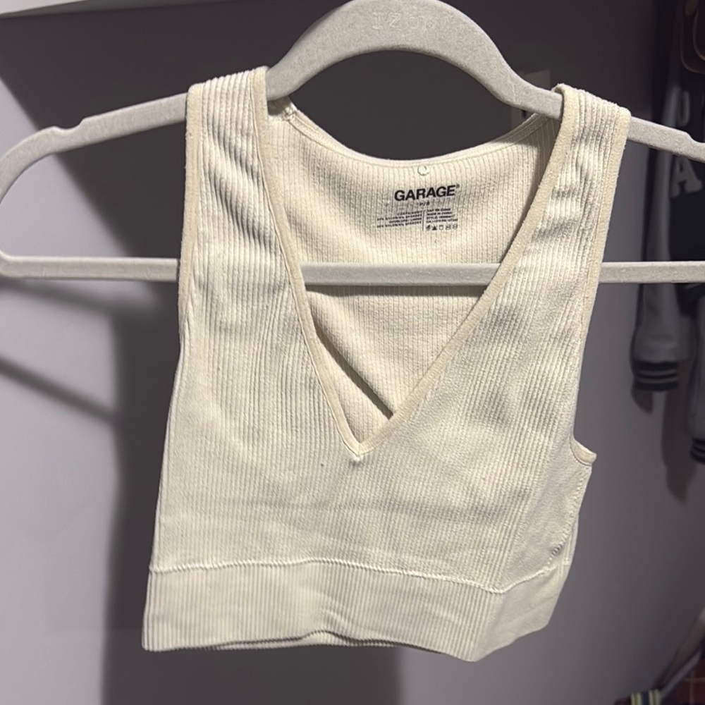 Garage Women's Cream Ribbed V-Neck Top